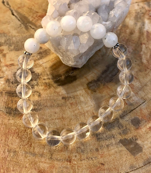 Rainbow Moonstone & Crystal Quartz Stretch Bracelet – Genuine Crystals