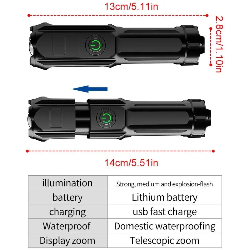 100,000 Lumen Rechargeable LED Flashlight – Waterproof Zoom Torch