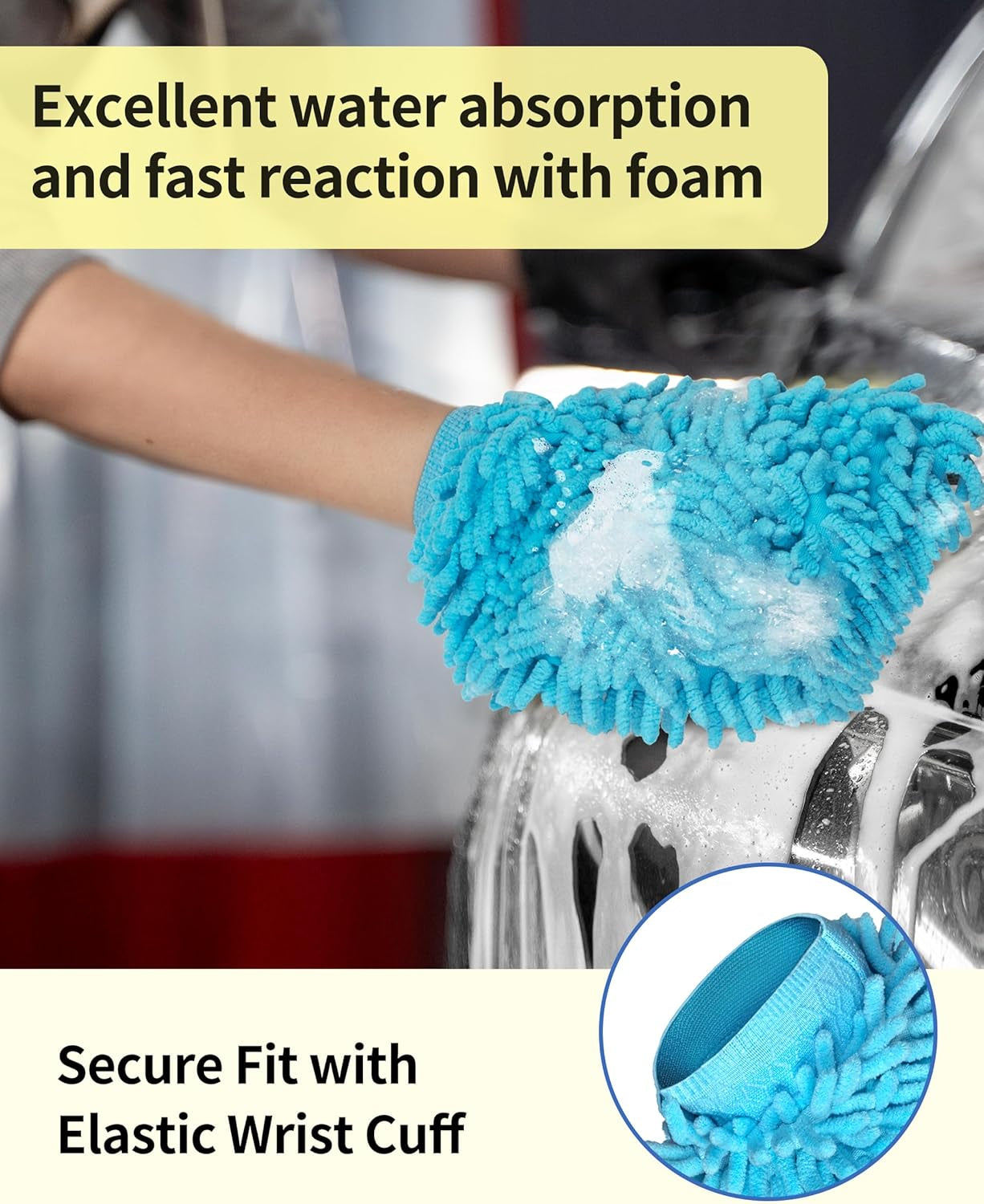 Premium Microfiber Car Wash Mitts, Set of 2, Blue and Yellow
