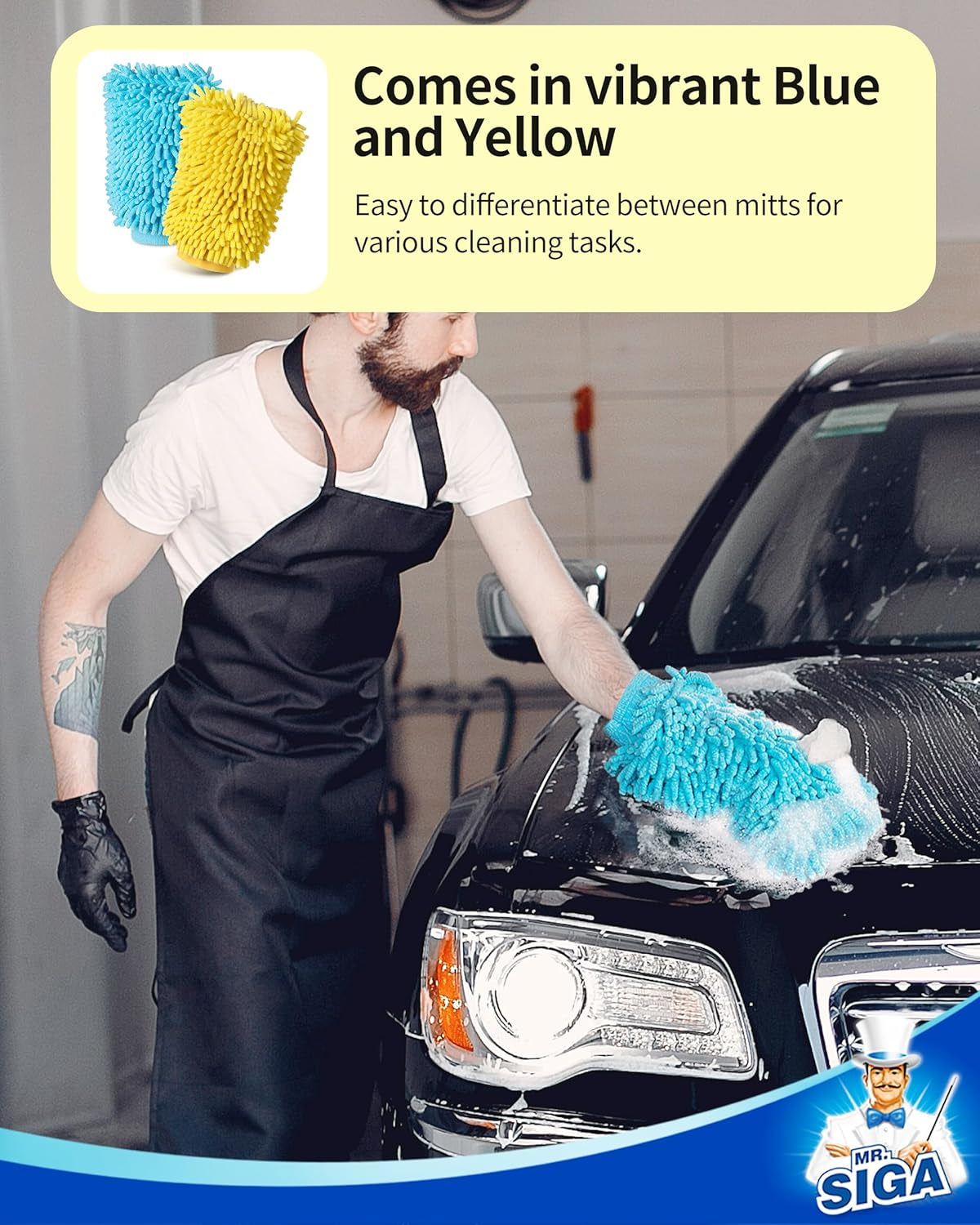 Premium Microfiber Car Wash Mitts, Set of 2, Blue and Yellow
