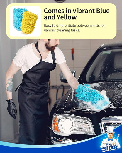 Premium Microfiber Car Wash Mitts, Set of 2, Blue and Yellow