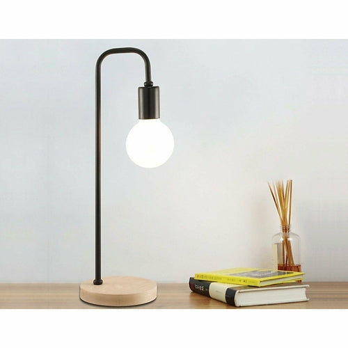 Modern Black Table Lamp – Timber Base Bedside & Desk Light