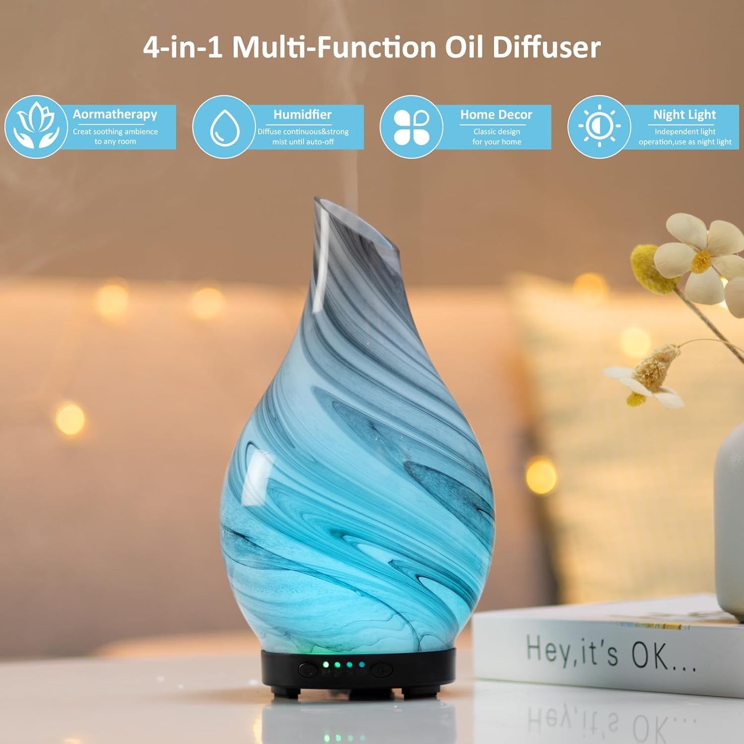 Aroma Essential Oil Diffuser 120ML Ultrasonic Humidifier with Handmade Glass, BPA-Free, Waterless Auto-Off Timer, Ideal for Home, Yoga, and Office Use