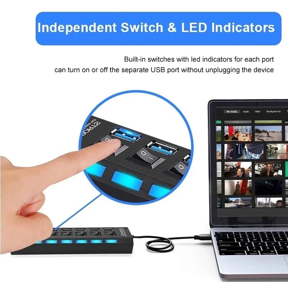 7-Port USB Hub with On/Off Switches & Power Adapter
