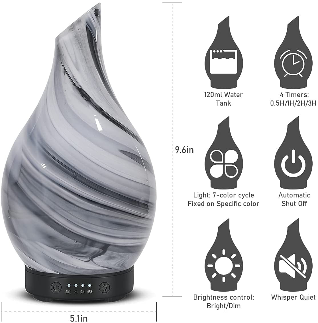 Aroma Essential Oil Diffuser 120ML Ultrasonic Humidifier with Handmade Glass, BPA-Free, Waterless Auto-Off Timer, Ideal for Home, Yoga, and Office Use