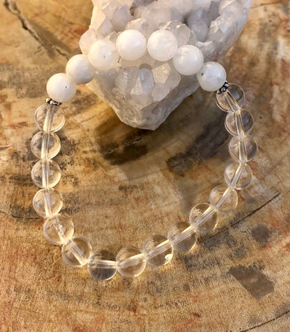 Rainbow Moonstone & Crystal Quartz Stretch Bracelet – Genuine Crystals