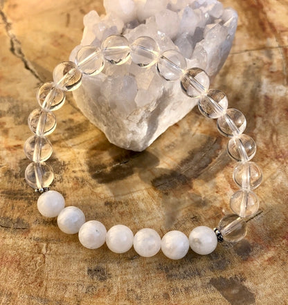 Rainbow Moonstone & Crystal Quartz Stretch Bracelet – Genuine Crystals