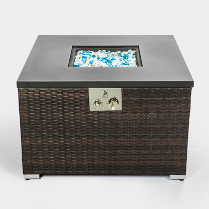 Outdoor Gas Fire Pit Table – Square Dark Brown Wicker